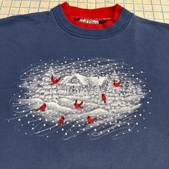 Vintage Grandma Sweatshirt Womens Large Birds Graphic Farm Cardinals Winter Blue - Picture 7 of 14